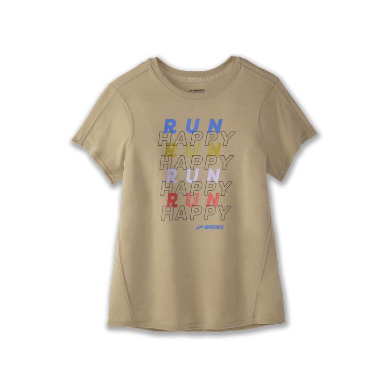 Brooks Distance Graphic Womens Short Sleeve Running Shirt - Heather Oatmeal/Run Repeat/grey - Indone